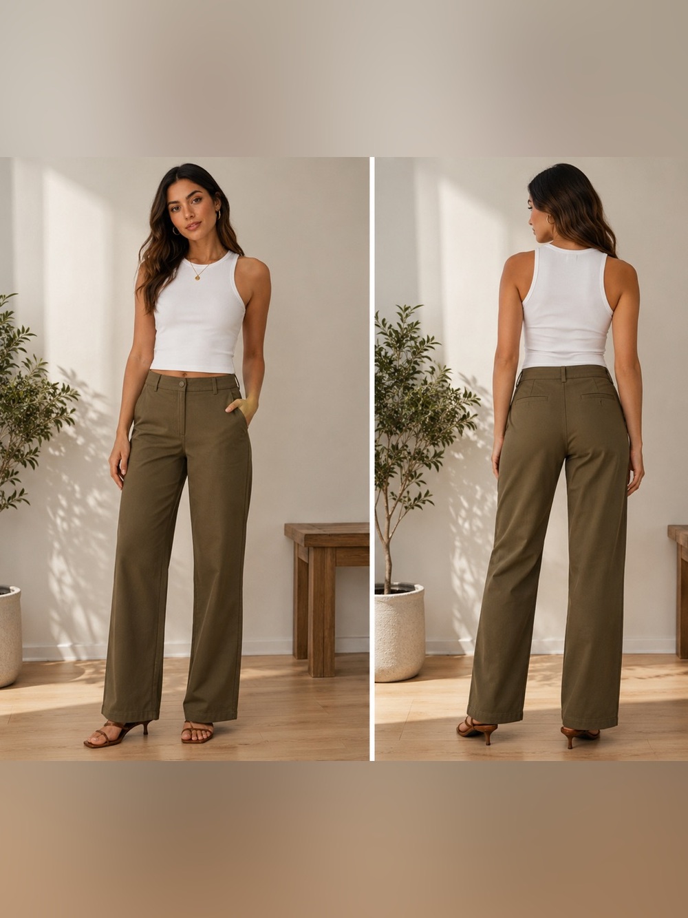 Mango Olive Wide-Leg Trousers